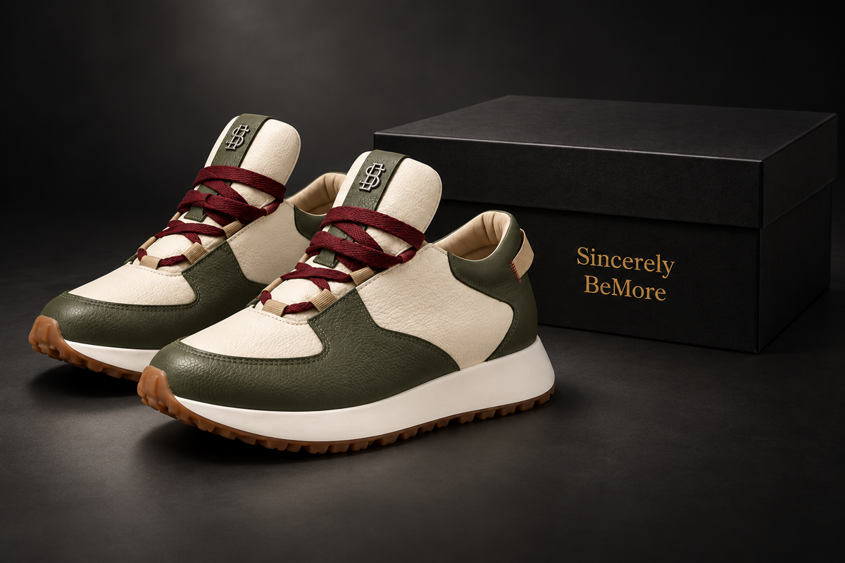 Sincerely BeMore olive and cream sneakers